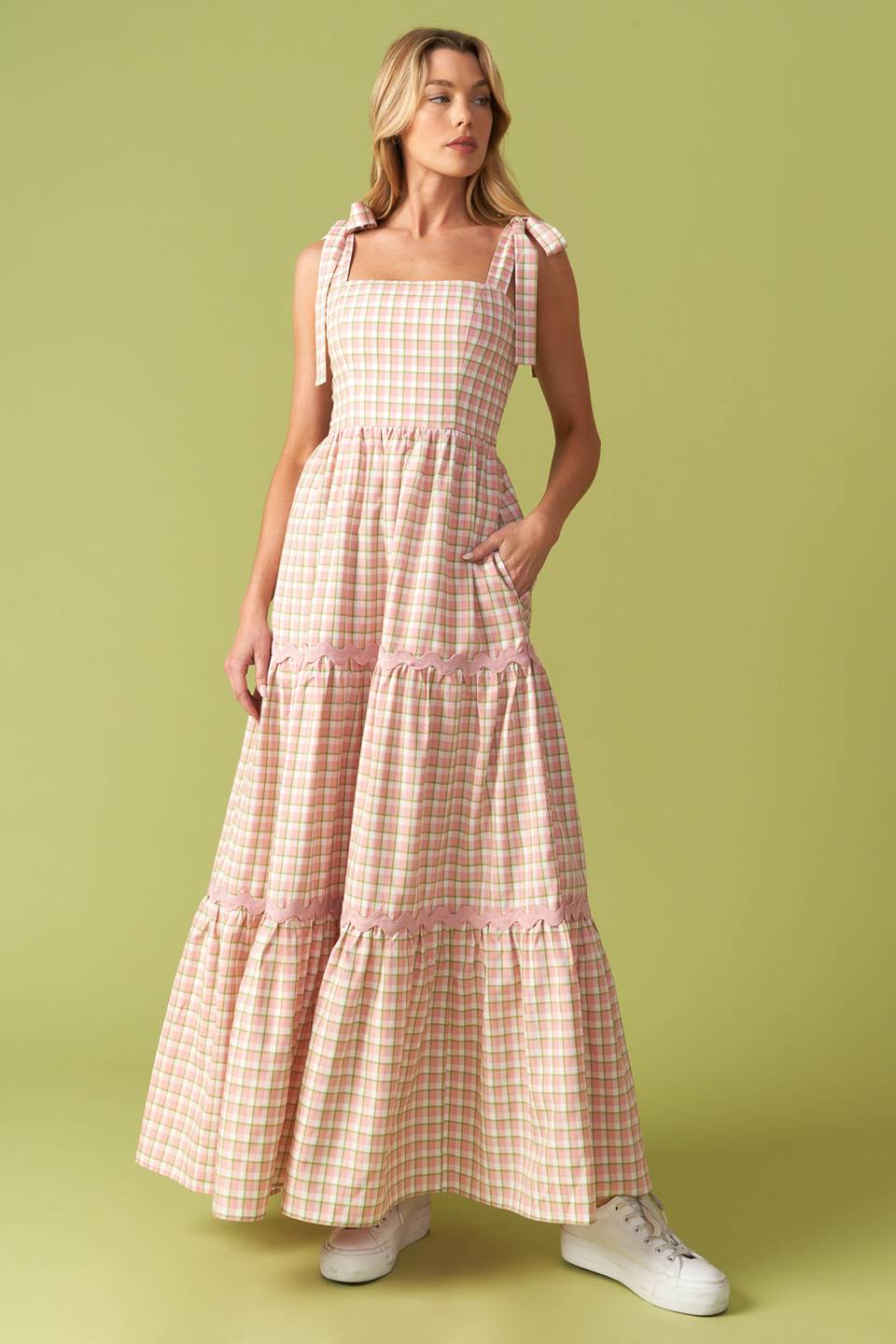 IMAGINE THAT GREEN PINK PLAID MIDI DRESS Flying Tomato